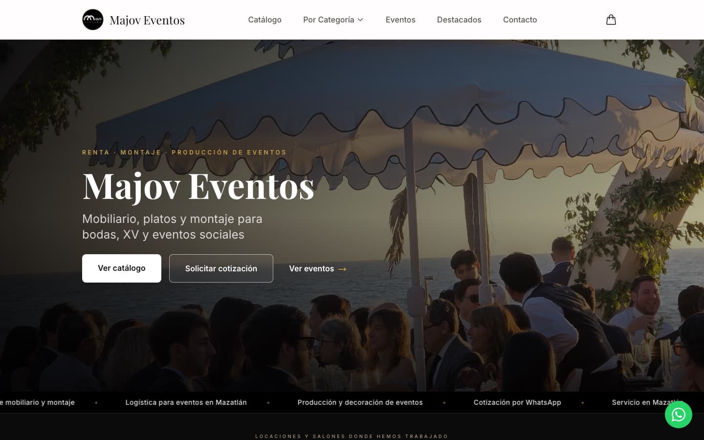 Vista del sitio web de Majov Eventos, desarrollado por giazet